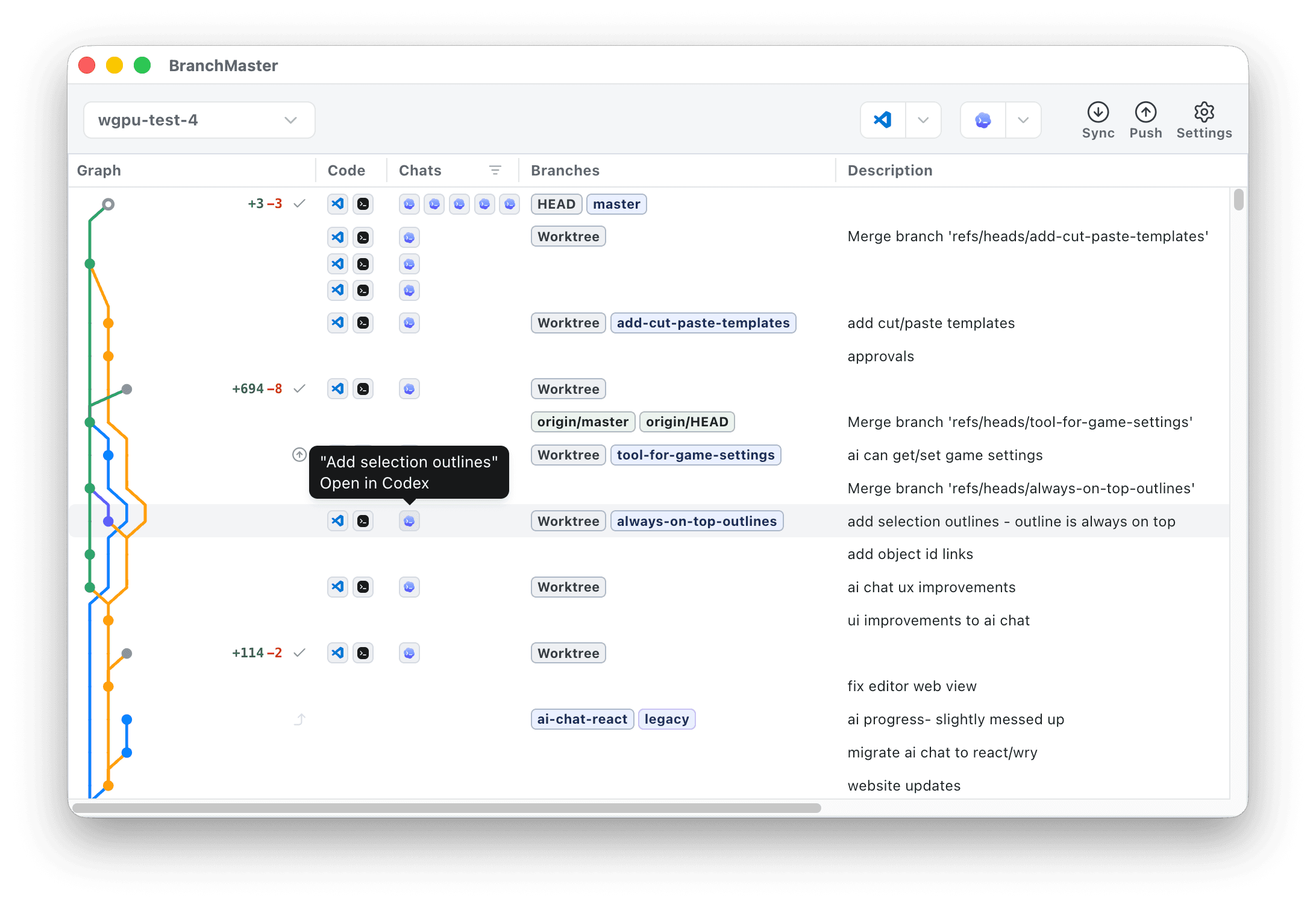 BranchTracker app showing worktree labels, Codex chats, branch history, and commit details