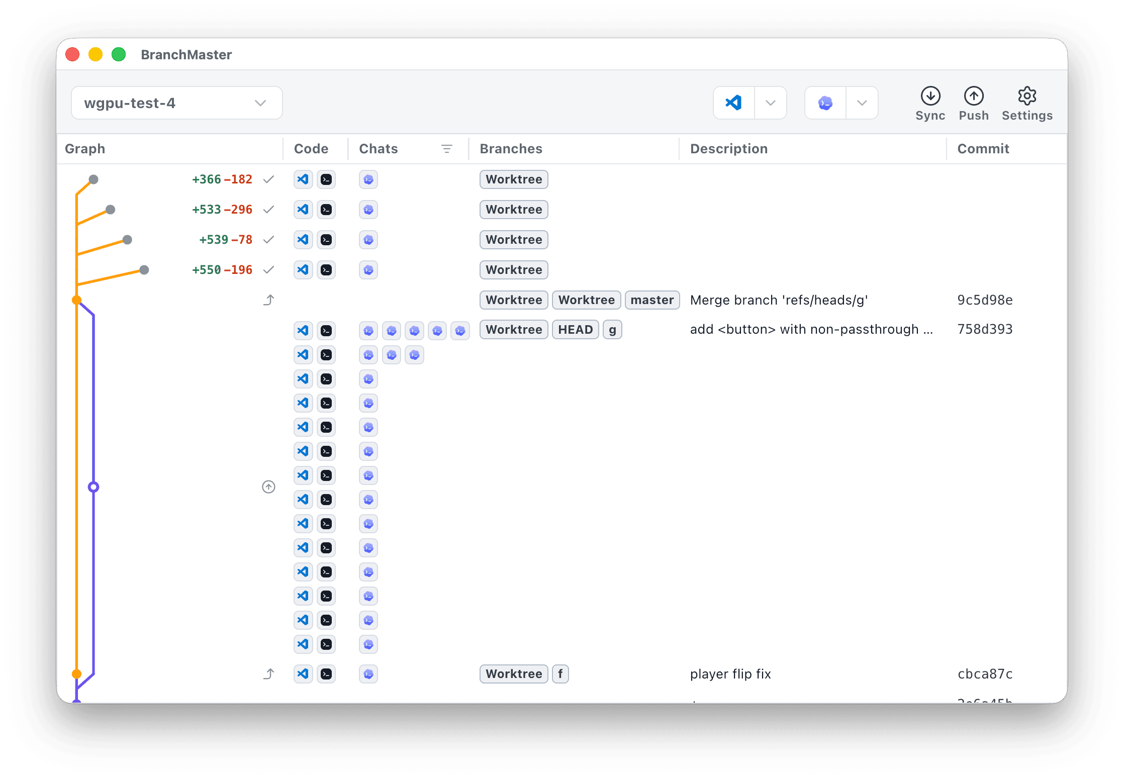 BranchTracker app showing Codex chats, branches, worktrees, changed files, and Git history